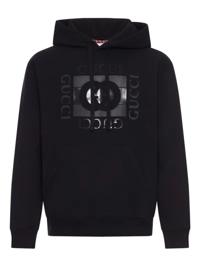 Gucci Men Black Sweatshirt With Hood With Drawstring And Front Logo In Cotton Man In Multi