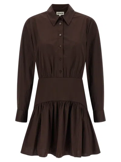 Staud Long Sleeve Gathered Detail Dress In Brown