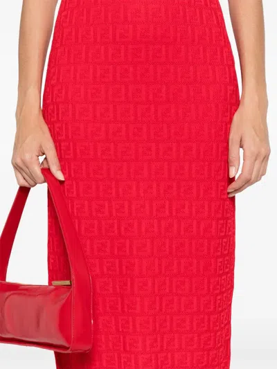 Fendi Women Red Short Sleeve Dress With All-over Ff Motif In Cotton Blend Woman In Red