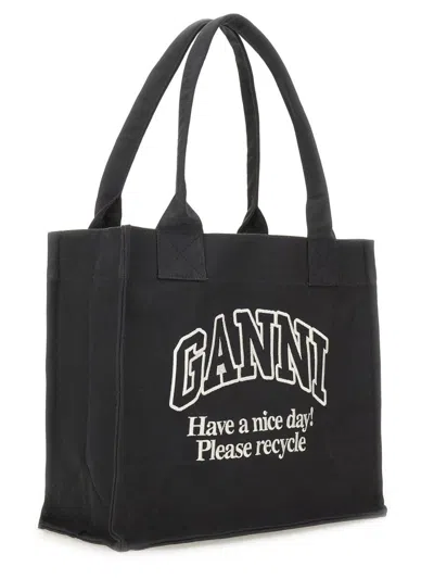 Ganni Recycled Cotton Large Tote Bag In Black