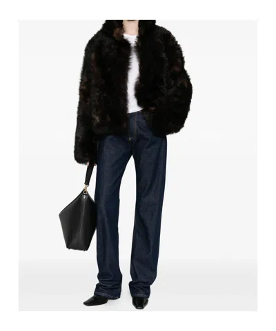 Totême Silky Shearling Jacket Dark Brown In Brown