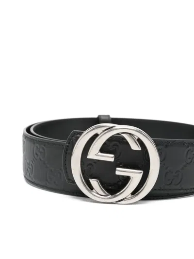 Gucci Logo-buckle Patterned Belt In Black
