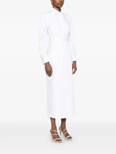 Max Mara Waist Belted French Cuffs Long Sleeve Midi Dress In White