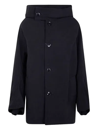 Y's Hooded Buttoned Coat In Black