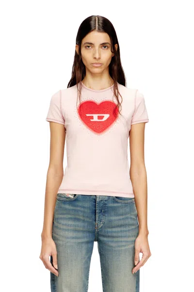 Diesel Women Pink Crew Neck T-shirt With Front Print And Beaded Details In Cotton Woman In Gold