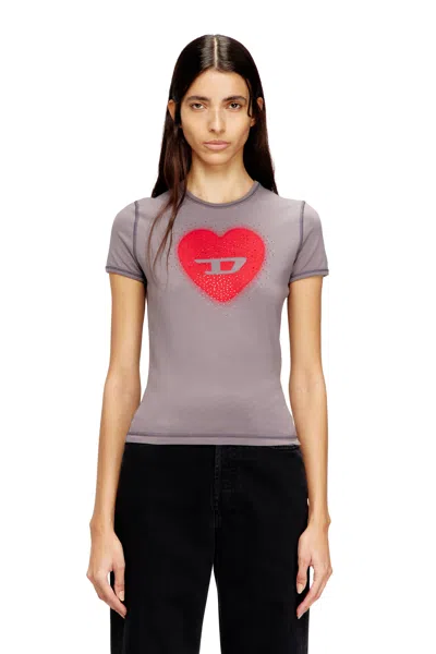 Diesel Slim T-shirt With Heart Print And Studs In Gray