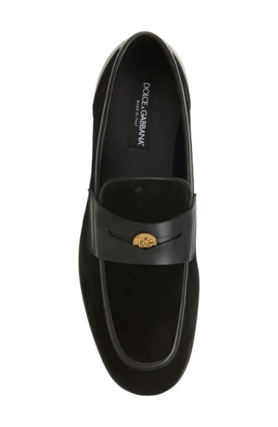 Dolce & Gabbana Ariosto Black Loafers With Metallic Dg Logo Plate On The Front In Leather And Suede Man In Black