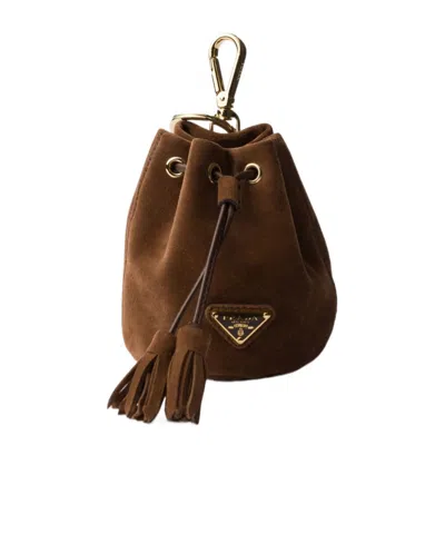 Prada Mini Icon Suede Keychain Charm In Brown