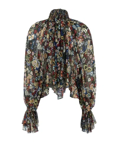 Khaite Durer Floral Silk Balloon-sleeve Peasant Top In Multi