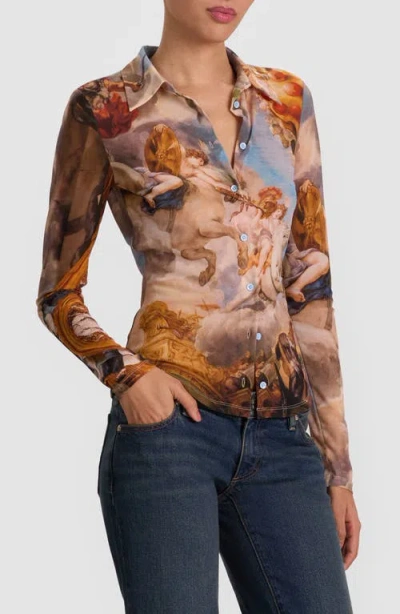 Alice And Olivia Jade Mesh Button Down Renaissance Fair In Multi