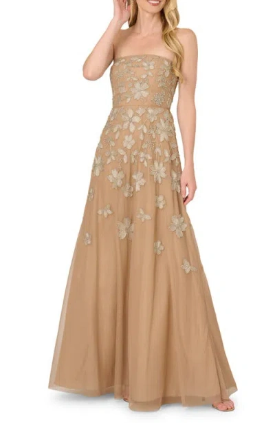 Adrianna Papell Strapless Floral Beaded Embroidery Gown In Taupe Pink In Multi