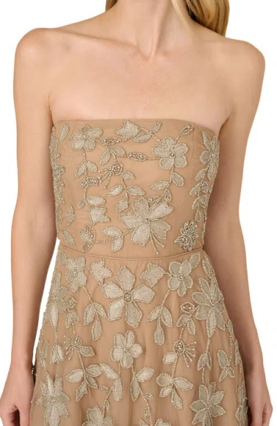 Adrianna Papell Strapless Floral Beaded Embroidery Gown In Taupe Pink In Multi