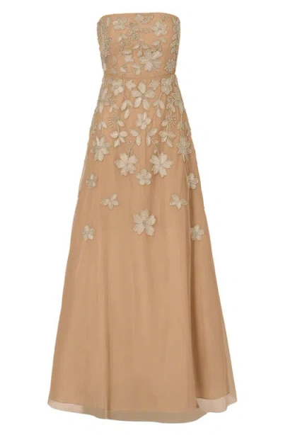Adrianna Papell Strapless Floral Beaded Embroidery Gown In Taupe Pink In Multi