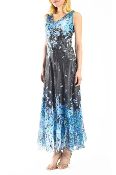 Komarov Blue Floral Border Print Maxi Dress In Pattern