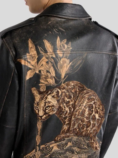 Etro Leather Biker Jacket With Placed Leopard Print In Black