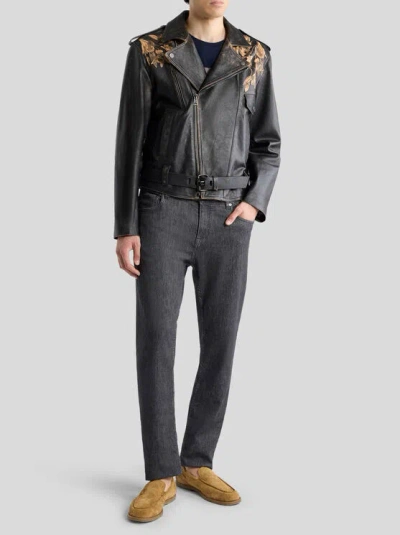 Etro Leather Biker Jacket With Placed Leopard Print In Black