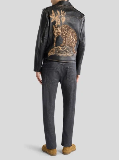 Etro Leather Biker Jacket With Placed Leopard Print In Black