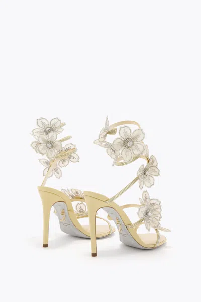 René Caovilla Peach Flower Lemon Yellow Sandal 105 In Yellow