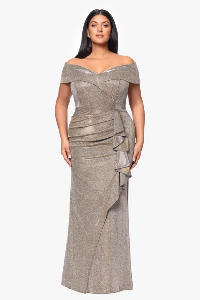 Xscape Evenings Raveena Foil Knit Off The Shoulder Ruched Gown In Gray