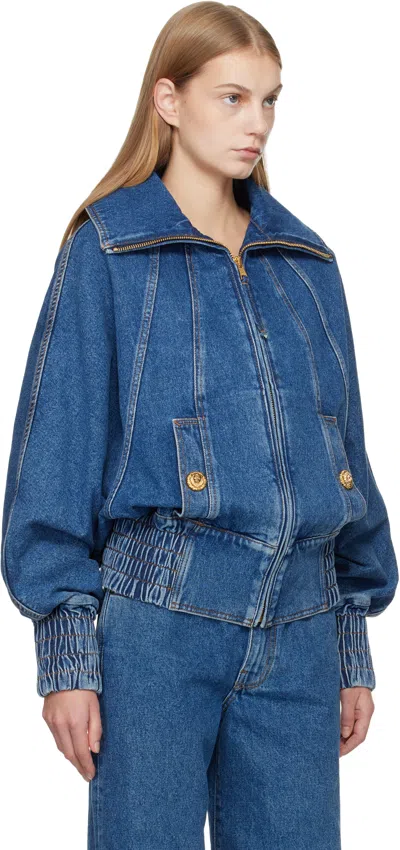 Balmain Blue Zipped Denim Bomber Jacket In Blue