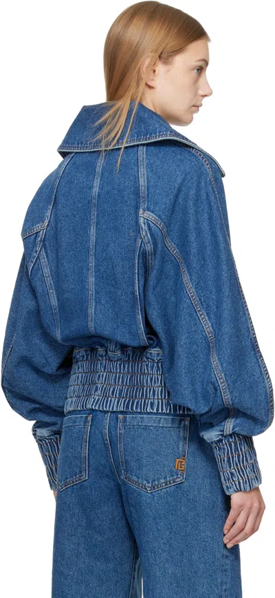 Balmain Blue Zipped Denim Bomber Jacket In Blue