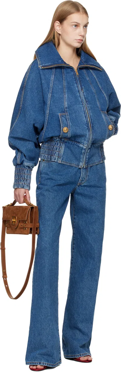 Balmain Blue Zipped Denim Bomber Jacket In Blue