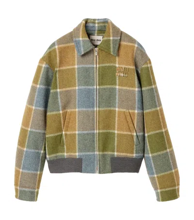 Miu Miu Windowpane Check Wool Zip Jacket In Multi