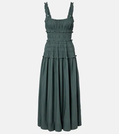 Doen Marianne Shirred Organic Cotton-poplin Midi Dress In Green