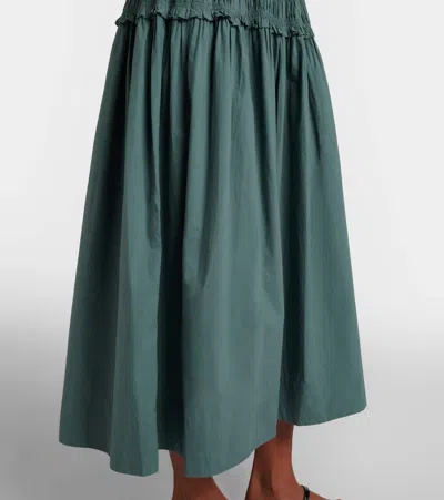 Doen Marianne Shirred Organic Cotton-poplin Midi Dress In Green
