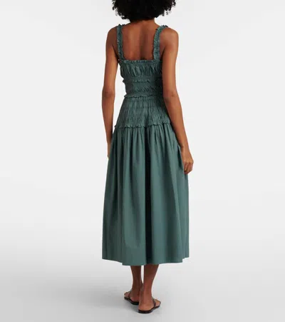 Doen Marianne Shirred Organic Cotton-poplin Midi Dress In Green