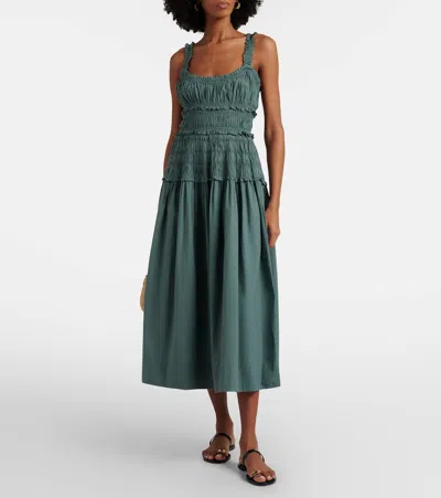 Doen Marianne Shirred Organic Cotton-poplin Midi Dress In Green