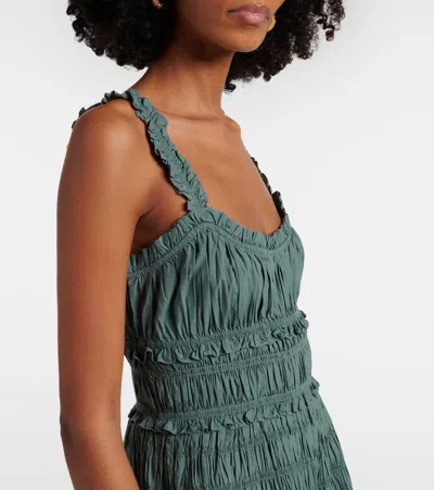 Doen Marianne Shirred Organic Cotton-poplin Midi Dress In Green