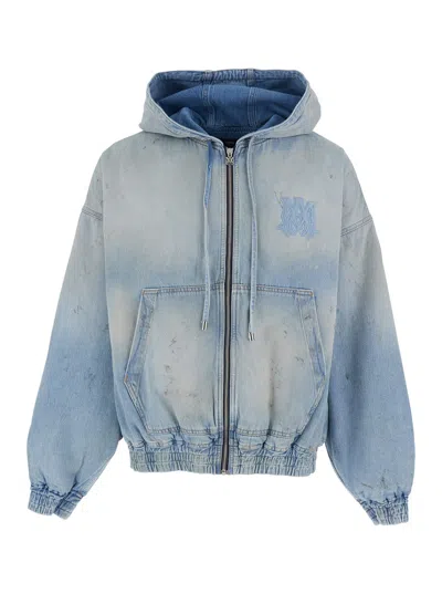 Amiri Men Light Blue Jacket With Drawstring Hood And Logo Embroidery On Front And Rear In Denim Man In Multi