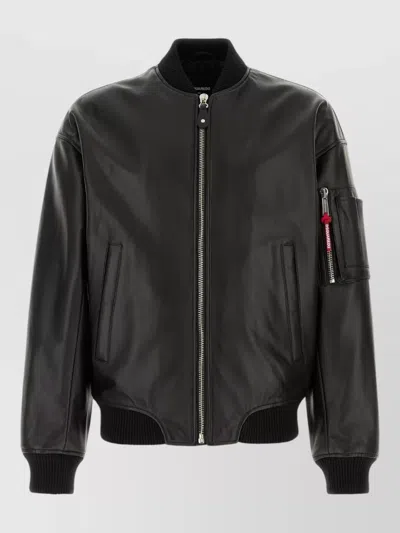 Dsquared2 Leather Jacket Front Pockets Ribbed Cuffs In Black