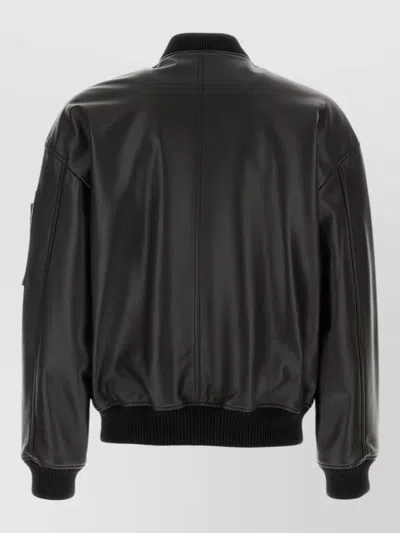 Dsquared2 Leather Jacket Front Pockets Ribbed Cuffs In Black