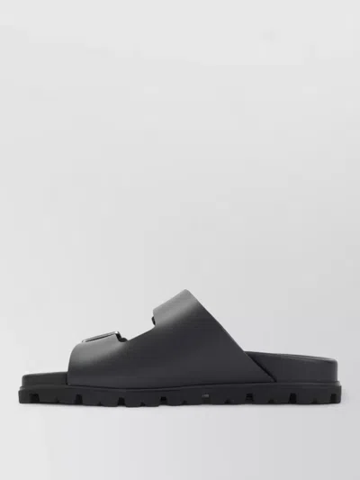 Prada Flat Sole Open Toe Leather Sandals In Black
