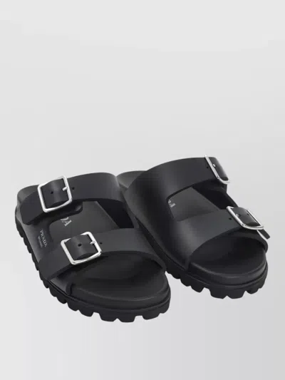 Prada Flat Sole Open Toe Leather Sandals In Black