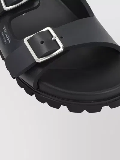 Prada Flat Sole Open Toe Leather Sandals In Black