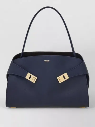 Ferragamo Soft Medium Shoulder Bag Gold Hardware Top Handle In Blue