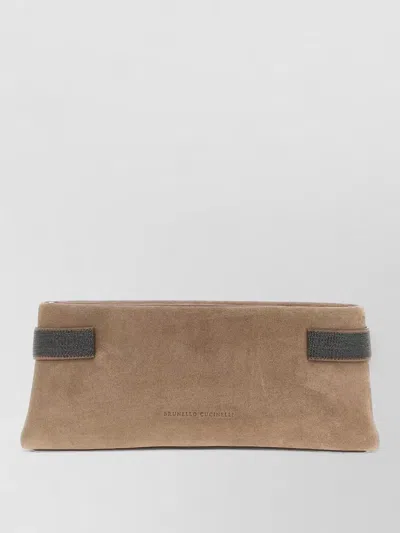 Brunello Cucinelli Essence Rectangular Suede Pouch Top Handle In Brown
