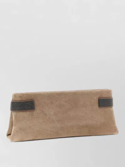 Brunello Cucinelli Essence Rectangular Suede Pouch Top Handle In Brown