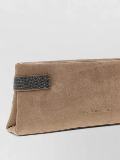 Brunello Cucinelli Essence Rectangular Suede Pouch Top Handle In Brown