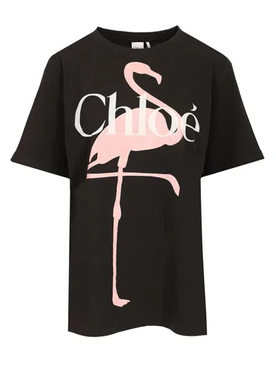 Chloé Women Black Crewneck T-shirt With Maxi Logo Print On The Front In Cotton Woman
