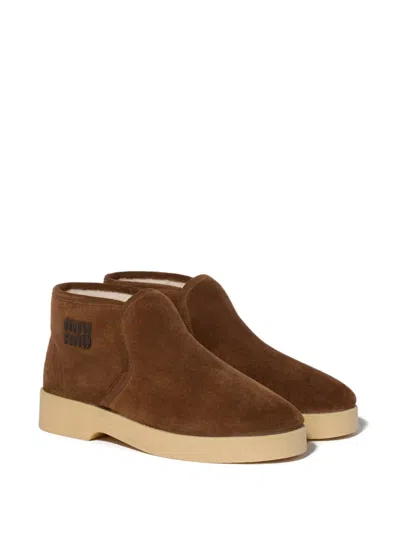 Miu Miu Logo-lettering Suede Boots In Brown