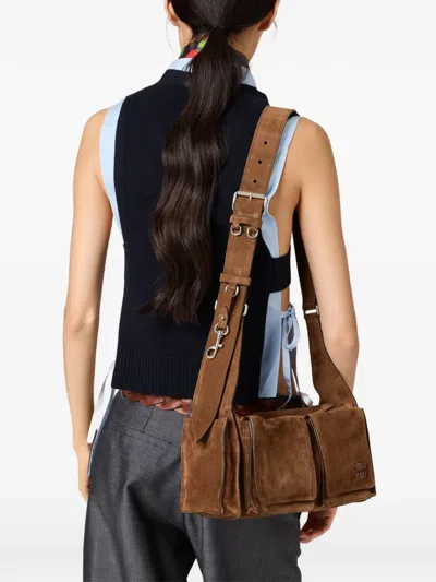 Miu Miu Suede Utilitaire Crossbody Bag Adjustable Strap In Brown