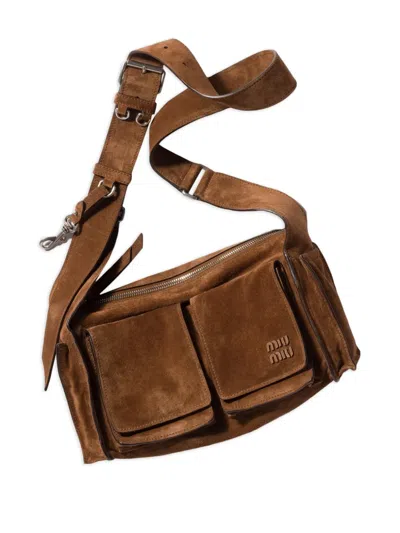 Miu Miu Suede Utilitaire Crossbody Bag Adjustable Strap In Brown