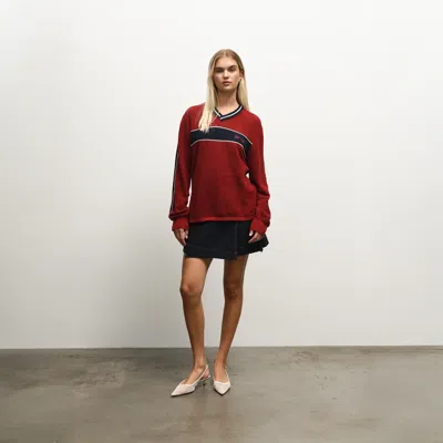 House Of Sunny Joey Stripe-trimmed Fine-knit Top In Red