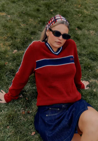 House Of Sunny Joey Stripe-trimmed Fine-knit Top In Red