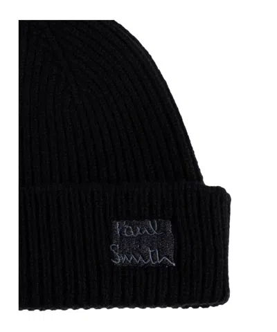 Paul Smith Ribbed Texture Hat Folded Cuff In Black
