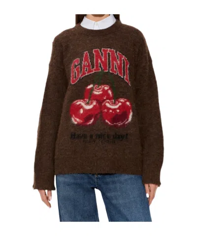 Ganni Brushed Alpaca Graphic Oversized Sweater In Brown